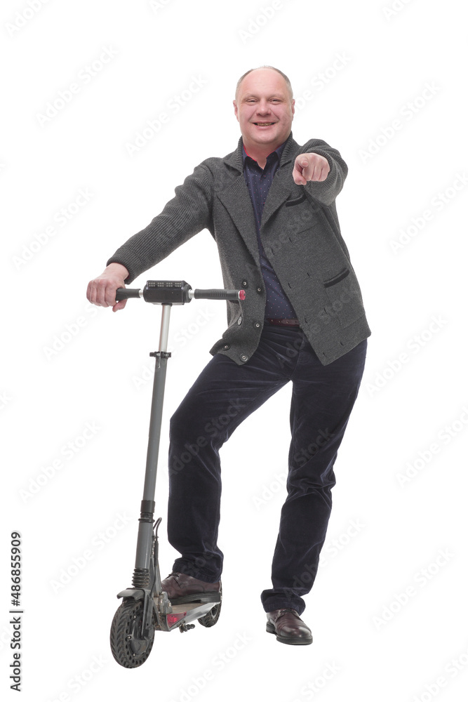 happy casual man with electric scooter .isolated on a white background. happy casual man with electric scooter .isolated on a white background.