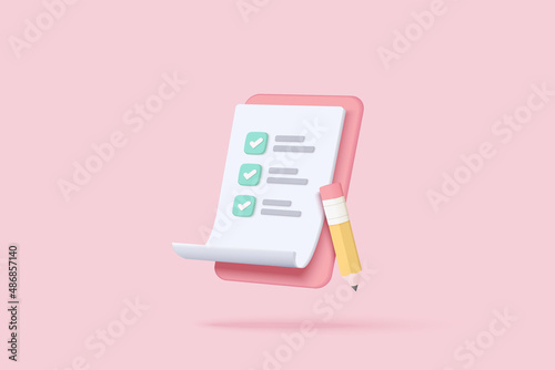 3d white clipboard task management todo check list with pencil, efficient work on project plan, fast progress, level up concept, assignment and exam checklist icon. 3d vector render on pink background photo
