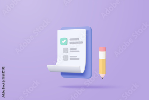 3d white clipboard task management todo check list with pencil, efficient work on project plan, progress level up concept, assignment and exam checklist icon. 3d vector render on purple background photo