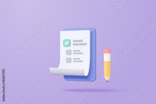 3d white clipboard task management todo check list with pencil, efficient work on project plan, progress level up concept, assignment and exam checklist icon. 3d vector render on purple background