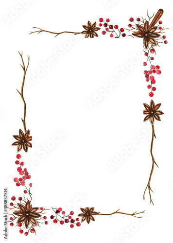Rhombus frame for Christmas with cones, red berries, anise. Watercolor frame. Frame with wooden branches
