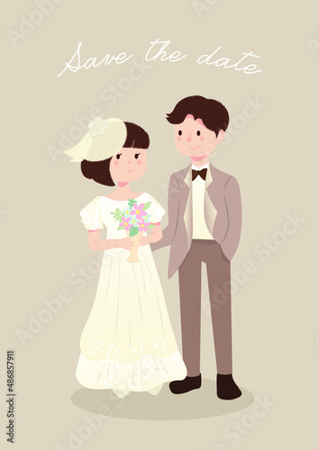Wedding couple bride and groom cute cartoon vector illustration earth tone.