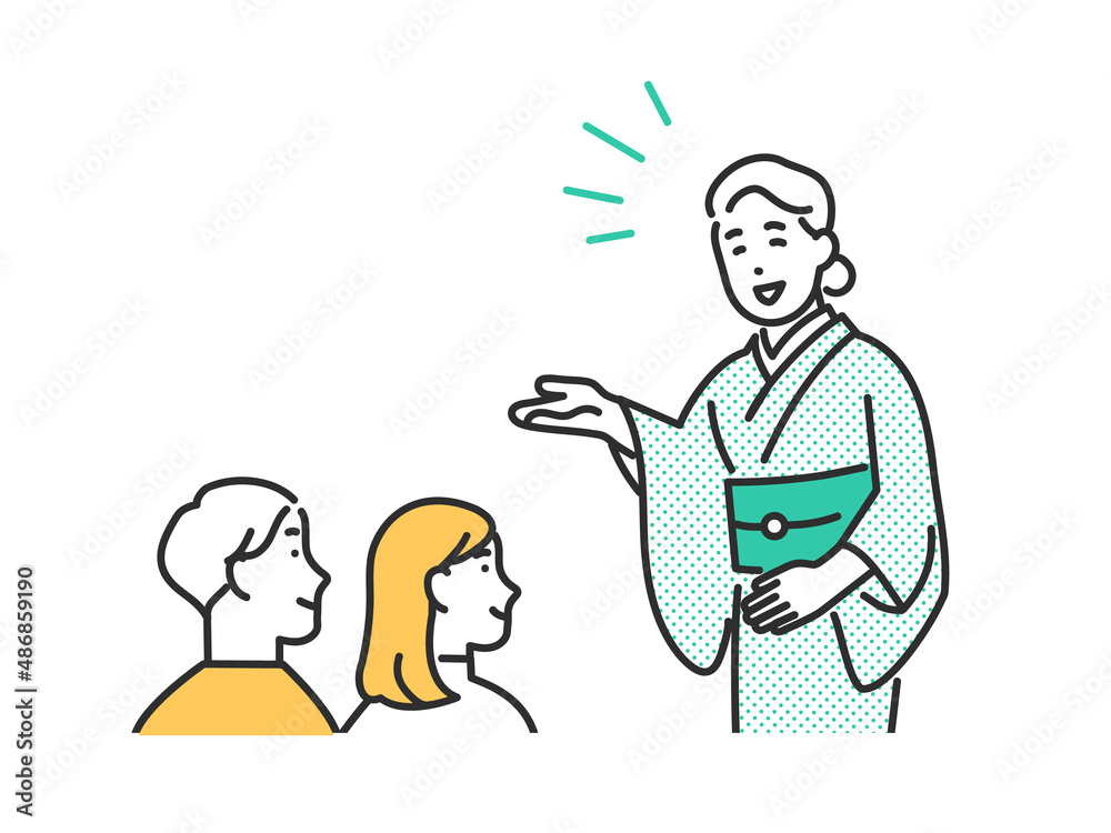 笑顔でお客様に接客をする宿泊業者のスタッフのイメージイラスト素材