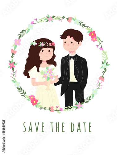Cute groom and bride Couple cartoon style Wedding card with floral frame isolated on white background.
