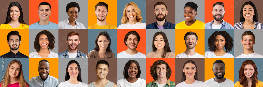 Collection of multiracial people smiling and feeling happy on colorful studio backgrounds. Human mosaic concept Collection of multiracial people smiling and feeling happy on colorful studio backgrounds. Human mosaic concept