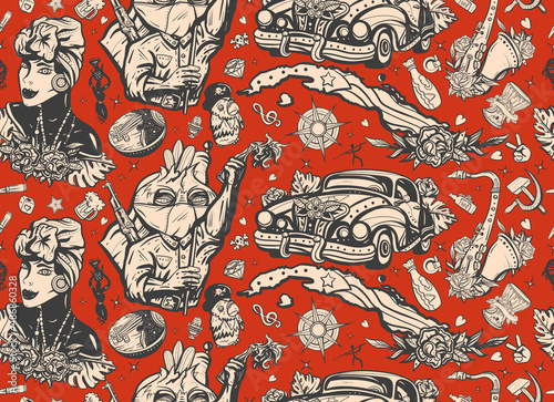 Cuba. Seamless pattern. Revolutionary communist, map, beautiful cuban woman, cigar, rum. Havana retro cars. History and culture, island of freedom. Traditional tattooing background