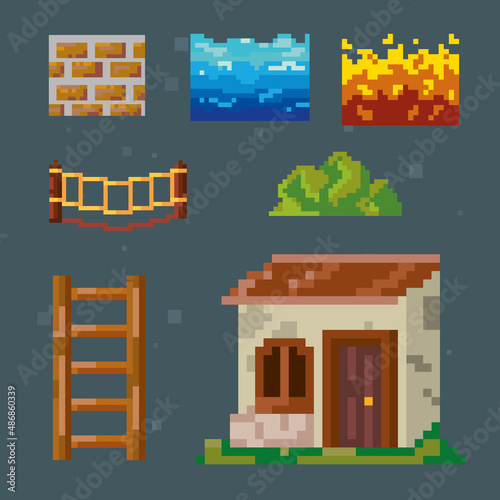 seven pixelated items