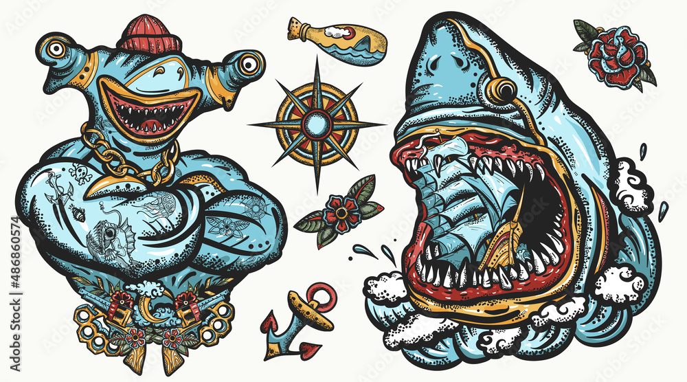 Sharks. Great white shark and drowned ship. Underwater life set. Old school tattoo collection. Strong hammerhead shark fish. Tattooing art Sharks. Great white shark and drowned ship. Underwater life set. Old school tattoo collection. Strong hammerhead shark fish. Tattooing art