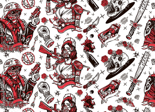 Post apocalypse. Nuclear war background. Doomsday girl and gun, end of world. Seamless pattern. Post apocalyptic man warrior, soldier woman. People, weapon of dark future