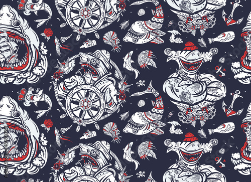 Sharks.  Jellyfish, anchor. Underwater background. Sea wolf, captain in the sea, sailor at helm. Old school tattoo seamless pattern