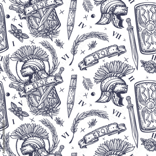 Ancient Rome.  Traditional tattooing style. Seamless pattern. History of Italy. Roman spartan helmet, sword and shield