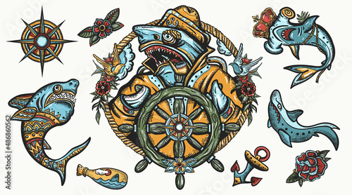 Sharks.  Strong hammerhead shark fish. Old school tattoo collection. Sea wolf, captain in the sea, sailor at helm. Tattooing art. Underwater life set