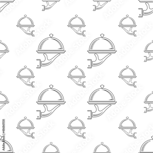 Cloche In Hand Icon Seamless Pattern, Food Cloche Icon, Catering Service, Food Service