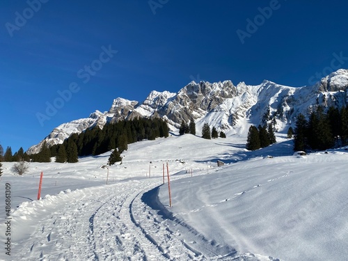 Local mountain road under fresh snow winter cover in a gentle alpine valley at the foot of the Alpstein mountain in the Appenzell Alps massif - Switzerland (Schweiz)