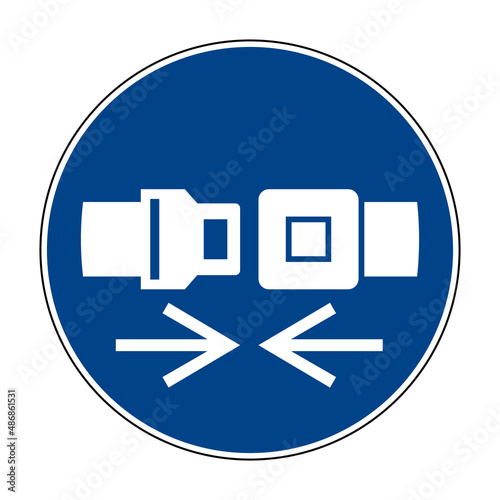 Wear safety belts sign. Vector illustration of circular blue mandatory sign with fasten seat belt. Harness symbol. 