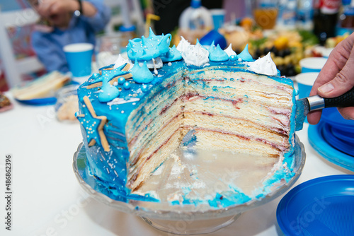 blue cake. cutting the cake. candy bar