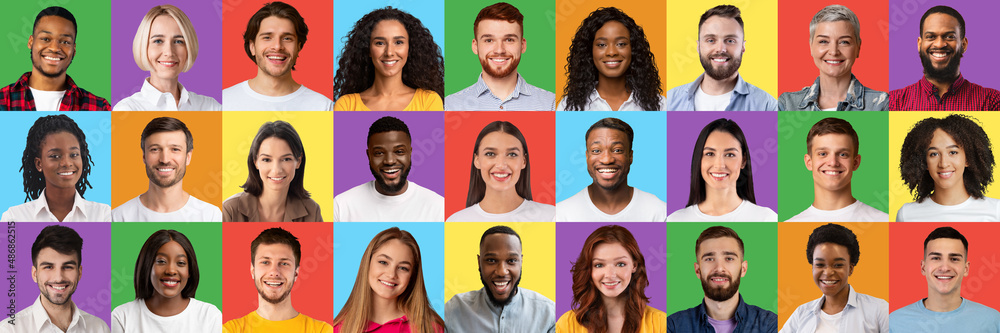 Multiracial people faces mosaic. Set of various men and women portraits smiling and posing over colorful backgrounds Multiracial people faces mosaic. Set of various men and women portraits smiling and posing over colorful backgrounds