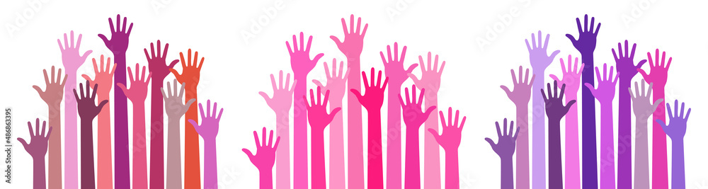 Colorful caring up hands set. Logo design element. Volunteers hands up emblem icon for education, health care, medical, volunteer, vote. Vector illustration Colorful caring up hands set. Logo design element. Volunteers hands up emblem icon for education, health care, medical, volunteer, vote. Vector illustration