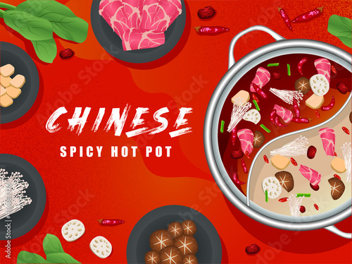 Chinese spicy hot pot poster template menu with ingredient vector.