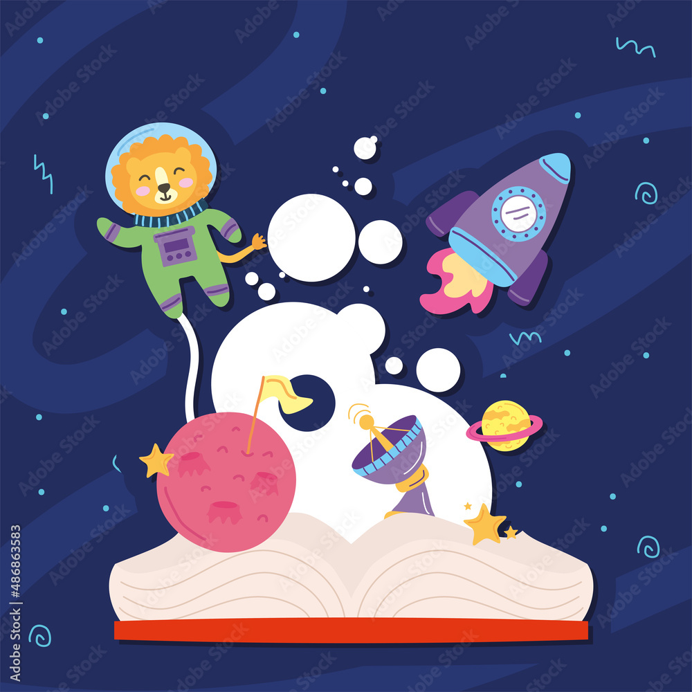 Fototapeta premium lion and rocket over book