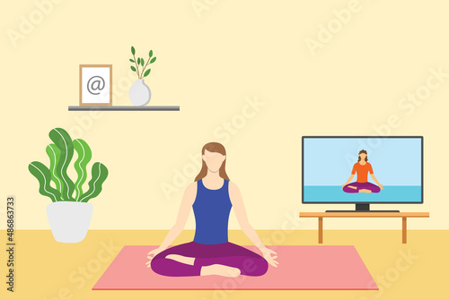 online fitness yoga concept with female watch online course tutorial for health training with modern flat style