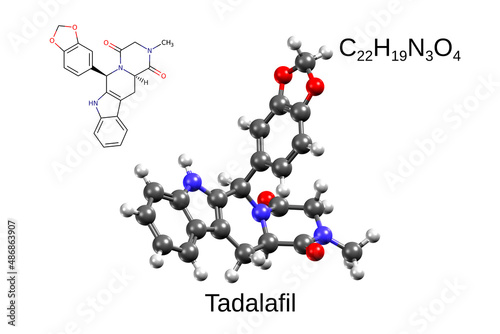 Chemical formula, skeletal formula, and 3D ball-and-stick model of tadalafil, a drug for erectile dysfunction, white background
