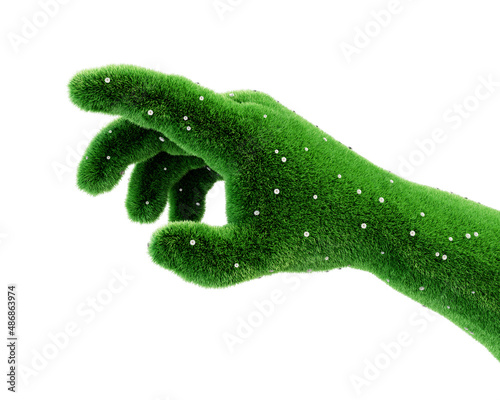 Grass shaped hand pointing at something on white background, isaolated. 3d illustration