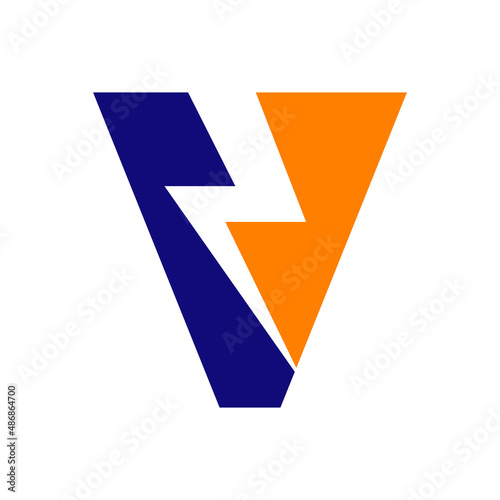 Power Logo V Letter and Lightning Energy Technology. Power V Letter Logo Design With Lighting Thunder Bolt Template