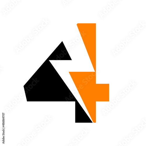 Power Logo 4 Letter and Lightning Energy Technology. Power 4 Letter Logo Design With Lighting Thunder Bolt Template
