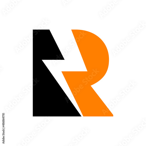 Power Logo R Letter and Lightning Energy Technology. Power R Letter Logo Design With Lighting Thunder Bolt Template