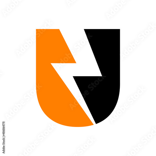 Power Logo U Letter and Lightning Energy Technology. Power U Letter Logo Design With Lighting Thunder Bolt Template