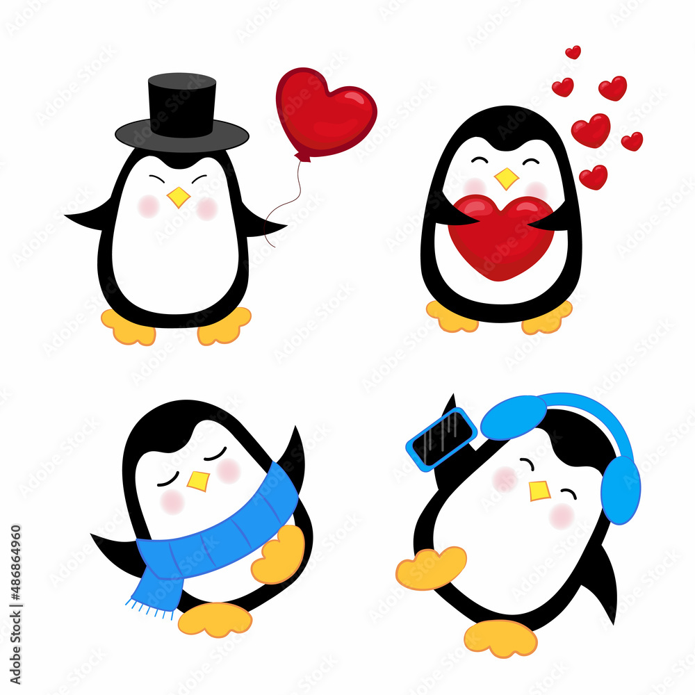 Fototapeta premium A set of cute dancing, listening to music and funny penguins. Holiday penguin characters isolated vector illustration set. Funny holidays penguins. Character bird dancing illustration.