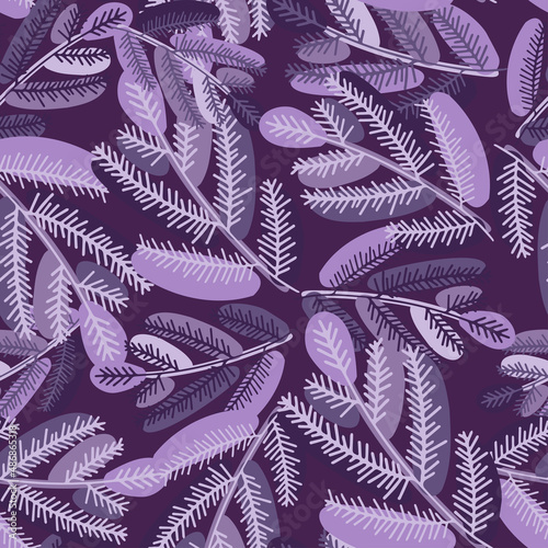 Vector seamless pattern colorful design with decorative Christmas fir tree branches in violet tones