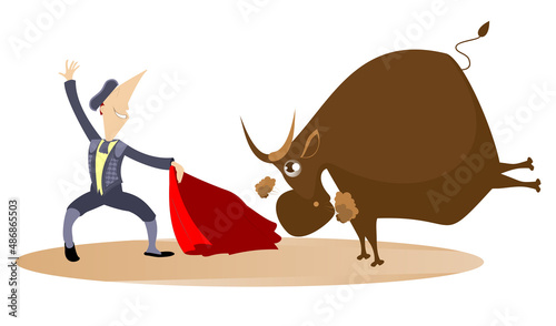 Cartoon bullfighter and the bull illustration. Cartoon bullfighter with matador cape and sword and angry bull isolated on white background