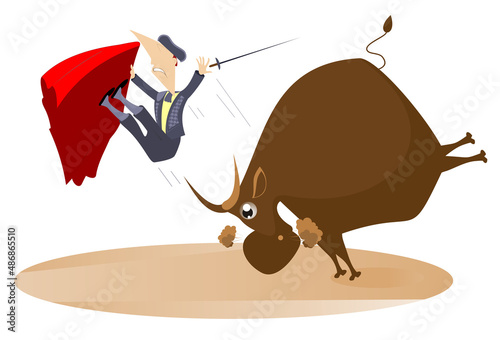 Bullfighter and the rage bull isolated. Bull raised the bullfighter by horns illustration