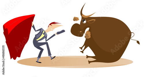 Cartoon bullfighter and tired bull illustration. Cartoon bullfighter takes off his hat and teases the tired bull isolated on white illustration
