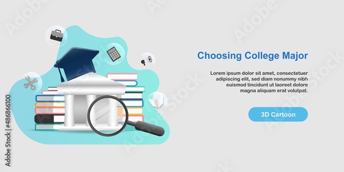 3D cartoon style. College major research concept. University building with book stack and magnifier with degree option selection.