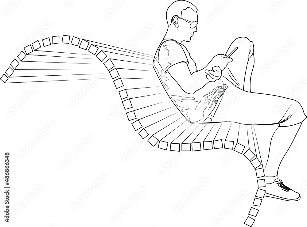 Fototapeta premium Contour image of a young man sitting on a bench with a phone in his hand vector illustration