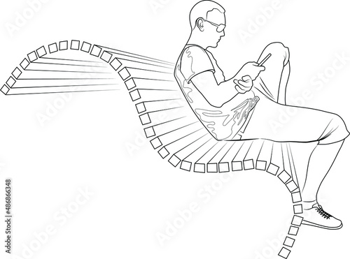 Contour image of a young man sitting on a bench with a phone in his hand vector illustration