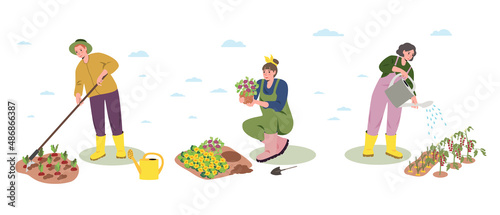 Gardeners set, spring - modern flat vector illustration concept of different people - men and women doing gardening - watering, planting, pruning, hoe, organizing spring gardening concept