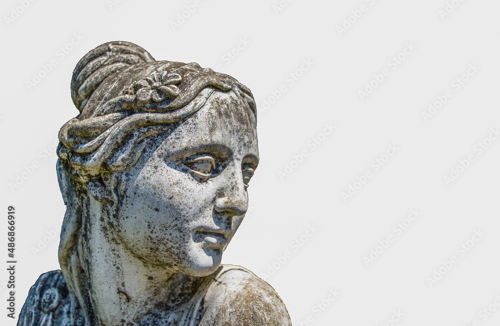 Gray grunge lady face sculpture isolated on white background.