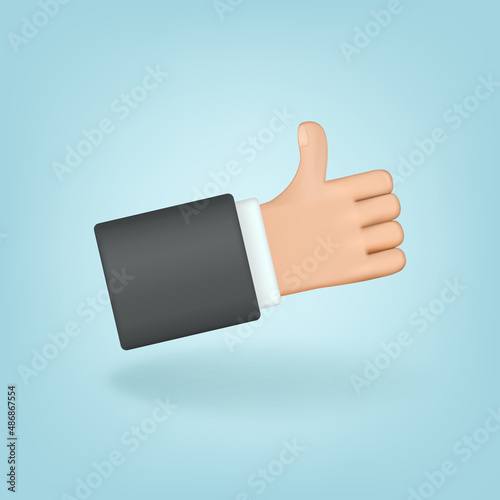vector illustration realistic 3d hand showing thumbs up, sign like, great, ok on light blue background. positive gesture with fingers, quality assessment