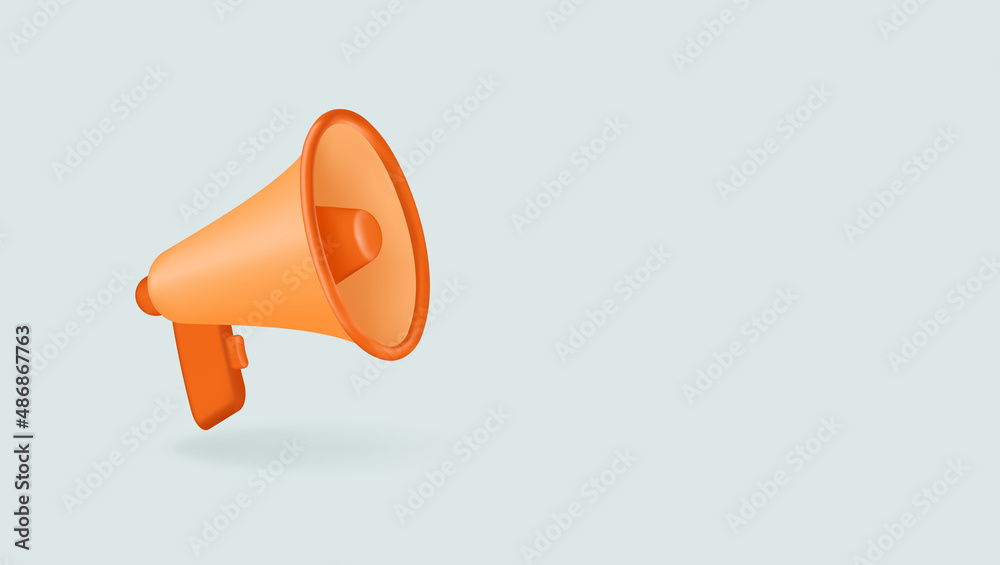 vector illustration realistic orange loudspeaker 3d on light blue background copy space. concept of announcement, attracting attention, news