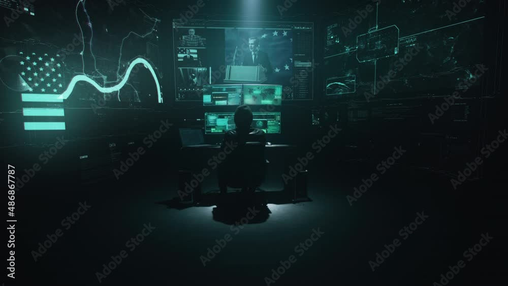 A hacker has launched a massive cyberattack on corporate government servers with the intent of revolutionizing or influencing elections. Around it are virtual screens with interfaces.