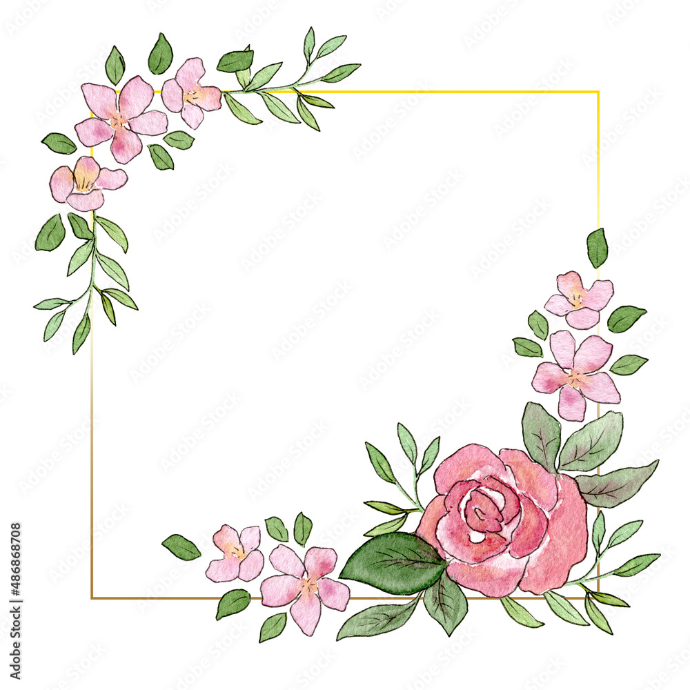 Watercolor floral frame, postcard. Invitation card with cherry blossoms and roses. Empty template.