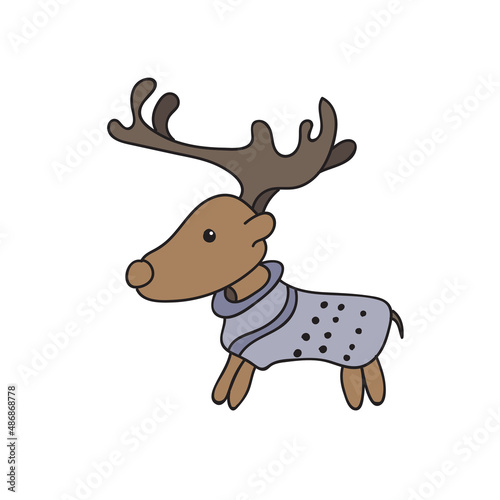 Vector cute winter deer in cozy sweater. Doodle illustration. Winter holidays  baby shower  birthday  children party