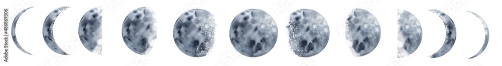 Obraz premium Moon phases set watercolor illustration by hand drawn on isolated background. A magical bewitching image of a space satellite of the earth. Wall art. Horizontal poster. Interior painting.