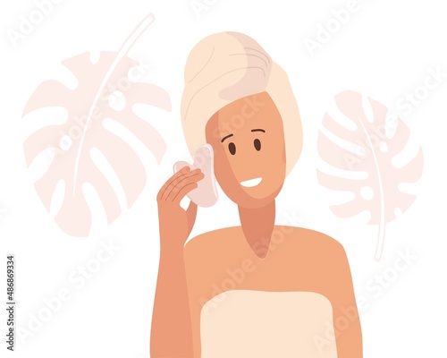 Happy woman with towel on head holding Gua sha stones. Hand drawn beautiful woman portrait and monster leaf. Korean skin care, type of massage. Beauty spa treatment and skin care. Flat vector isolatad