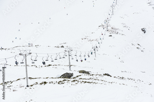 The cable car with ski tourist at Skalnate Pleso mountain, Slovakia Hight Tatras.