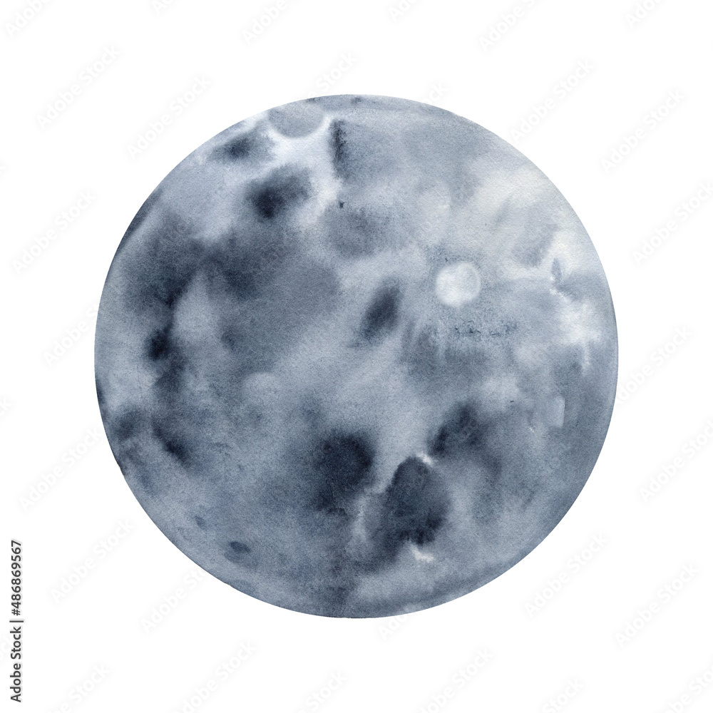 Obraz premium Full moon watercolor hand drawn illustration. Monochrome image of a satellite of the earth on an isolated background. space body surface